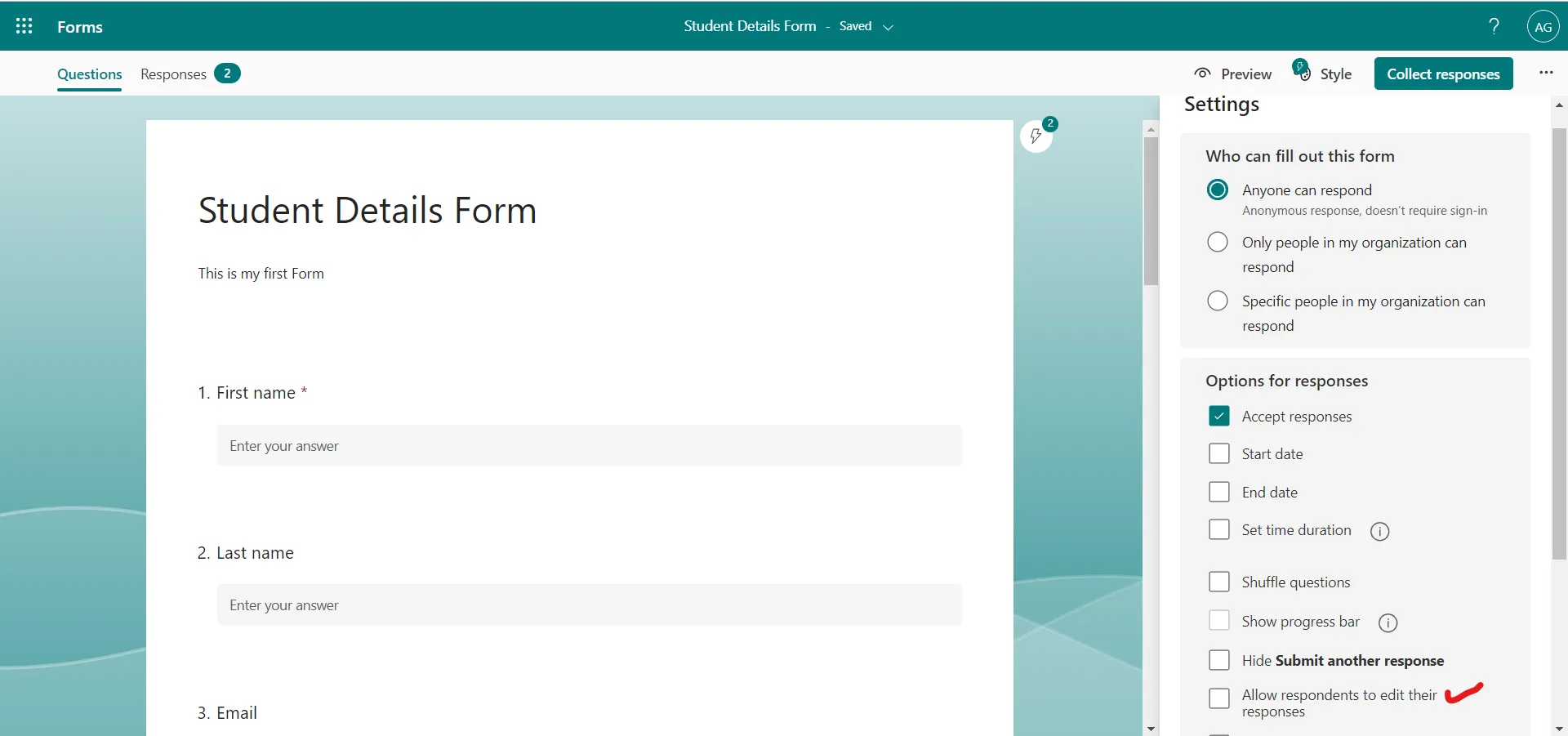 Settings in the Microsoft Forms