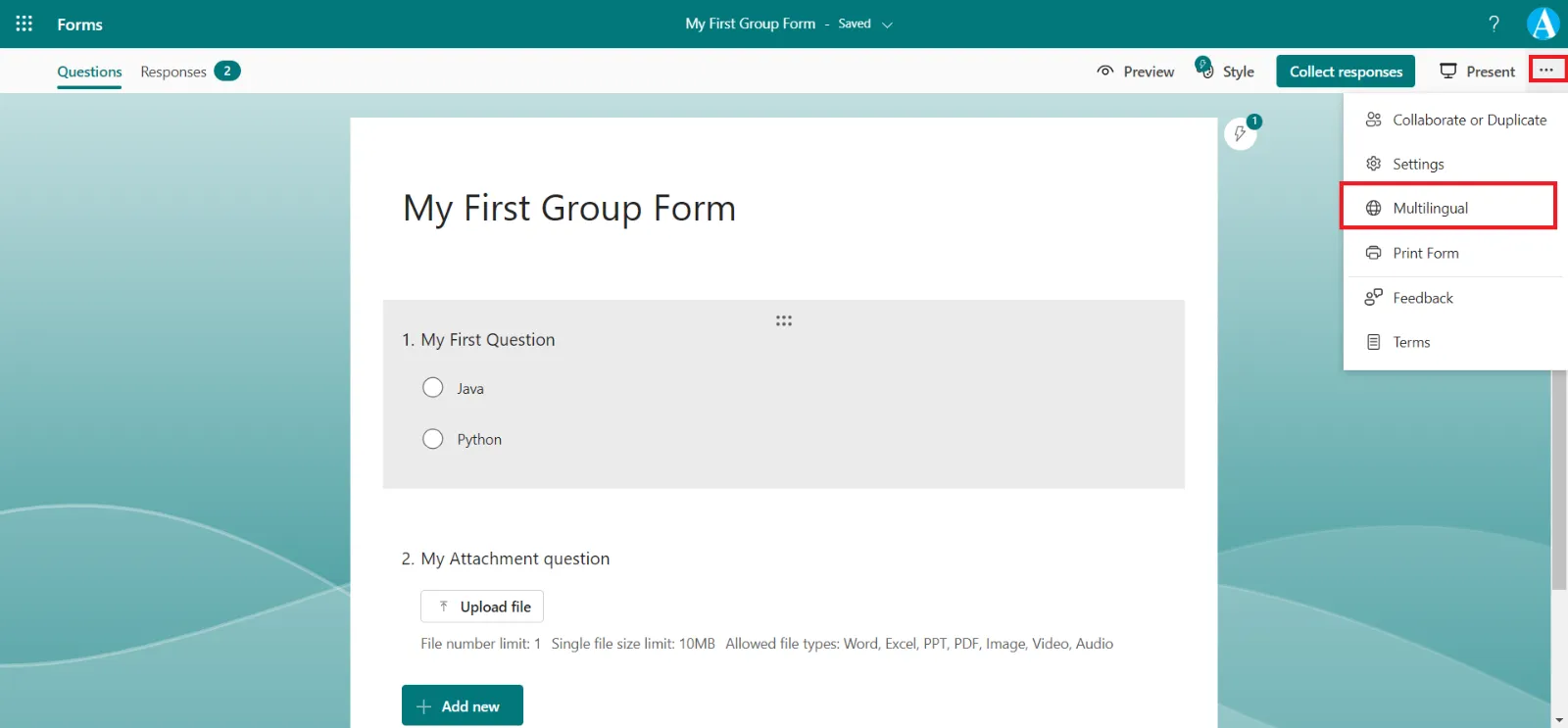 Multilingual feature in Microsoft Forms