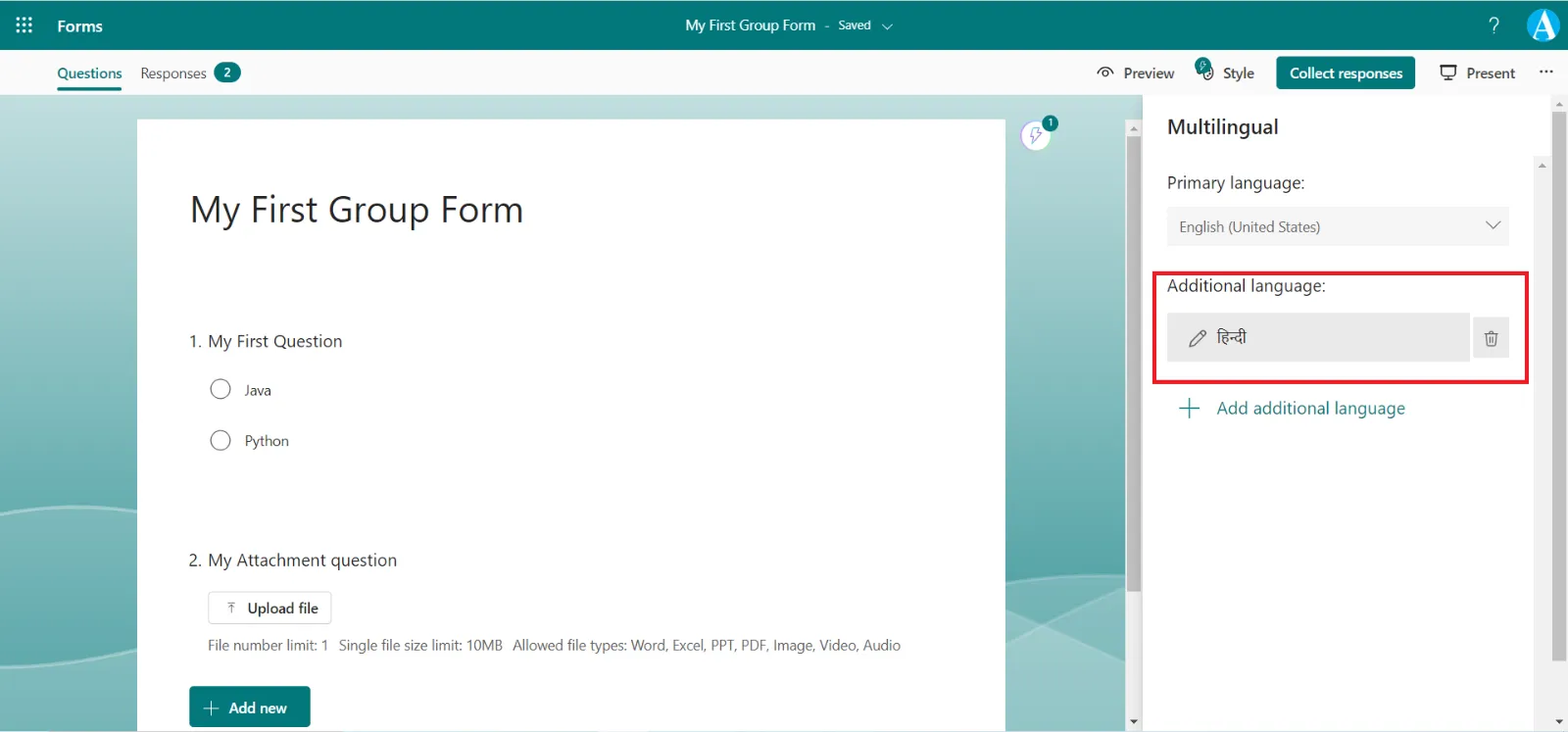 Multilingual feature in Microsoft Forms