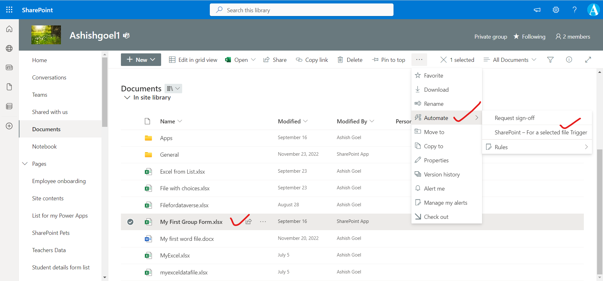 SharePoint – For a selected file Trigger