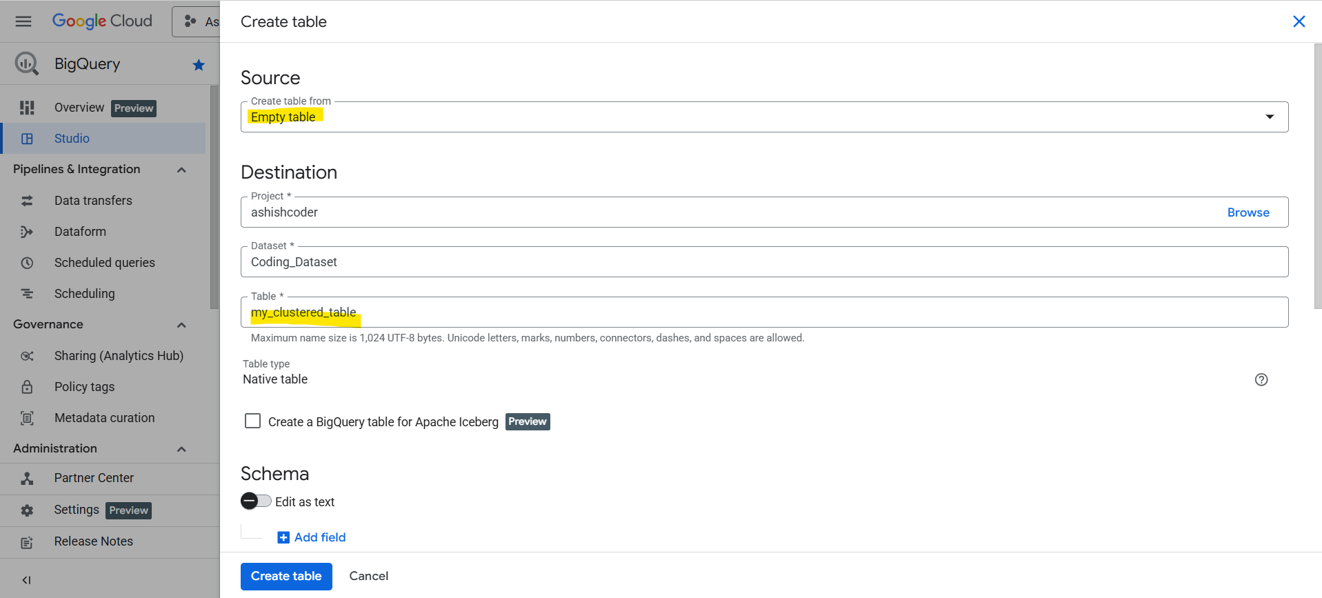 Clustered table in BigQuery