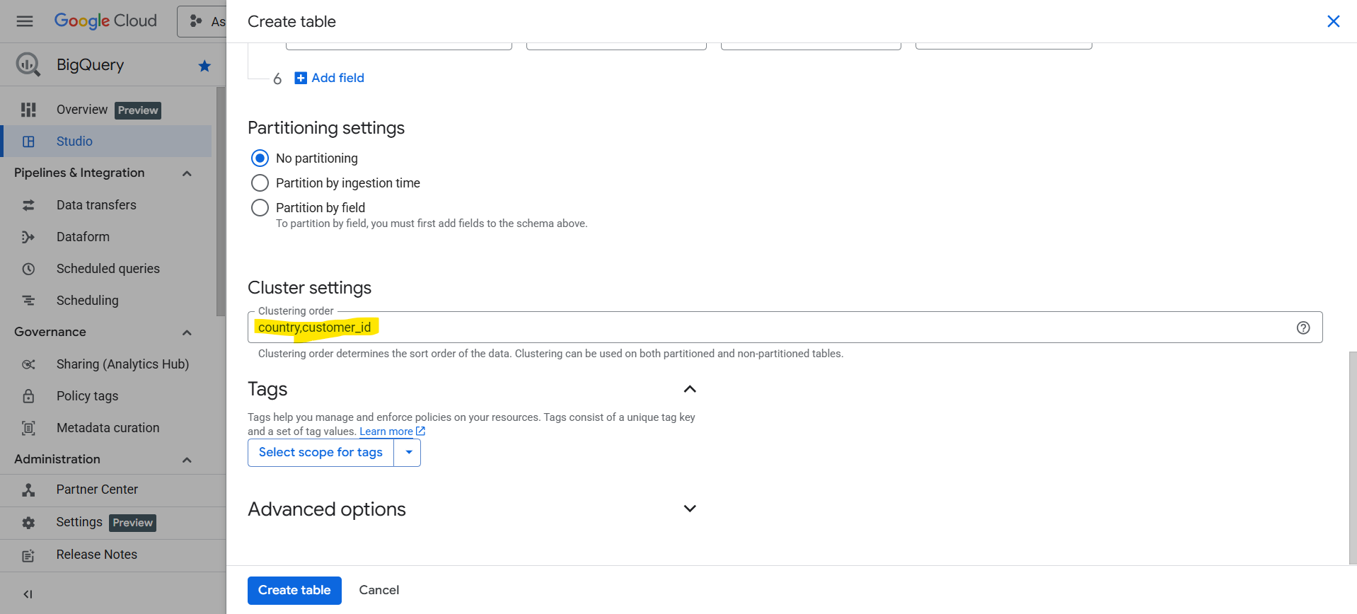 Clustered table in BigQuery