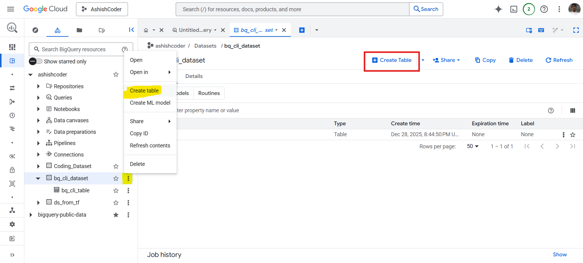 Create a table in BigQuery