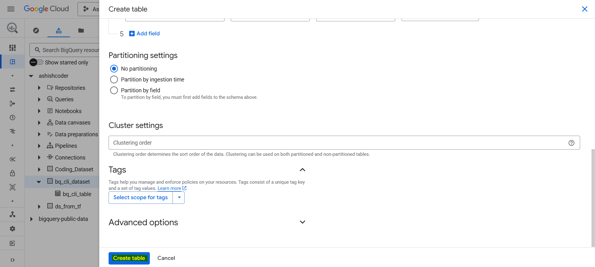Create a table in BigQuery
