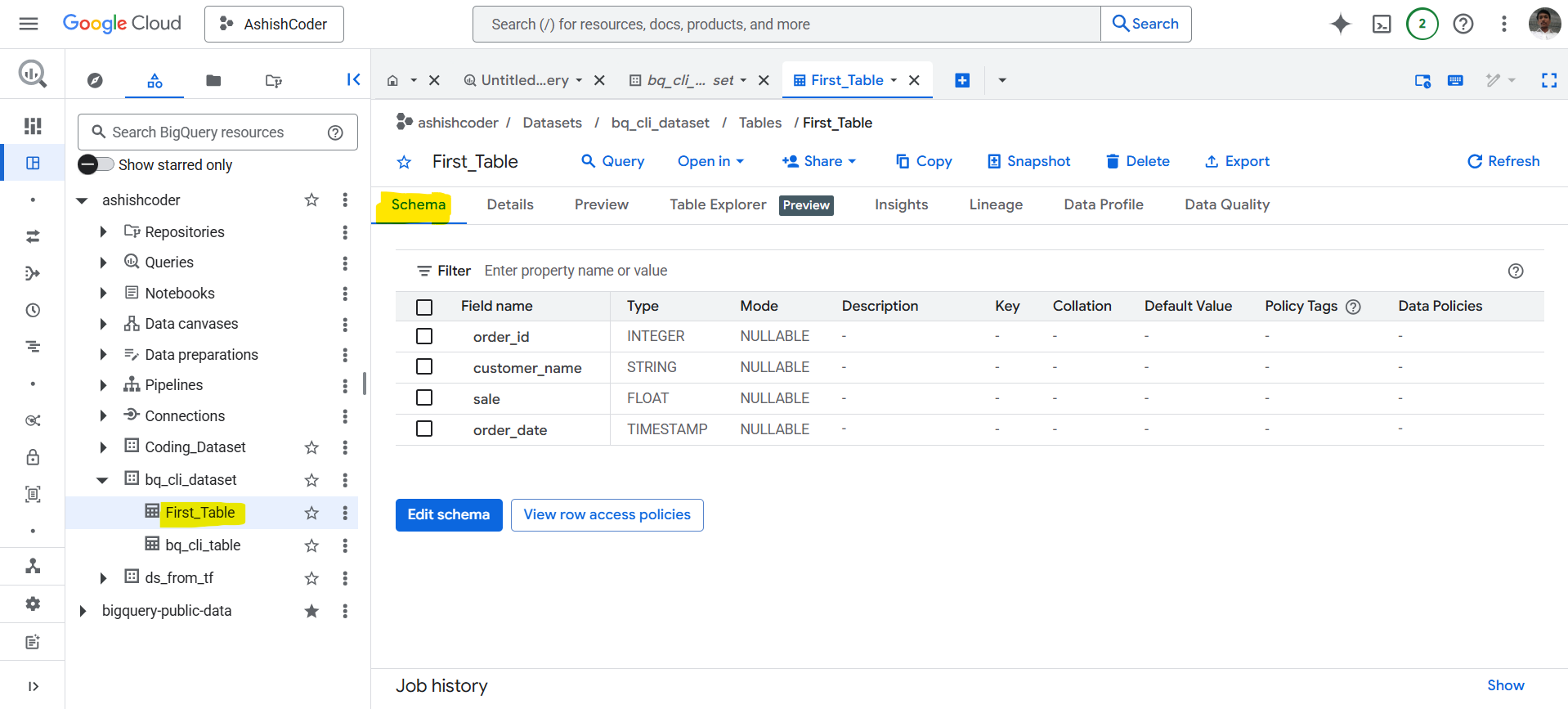 Create a table in BigQuery