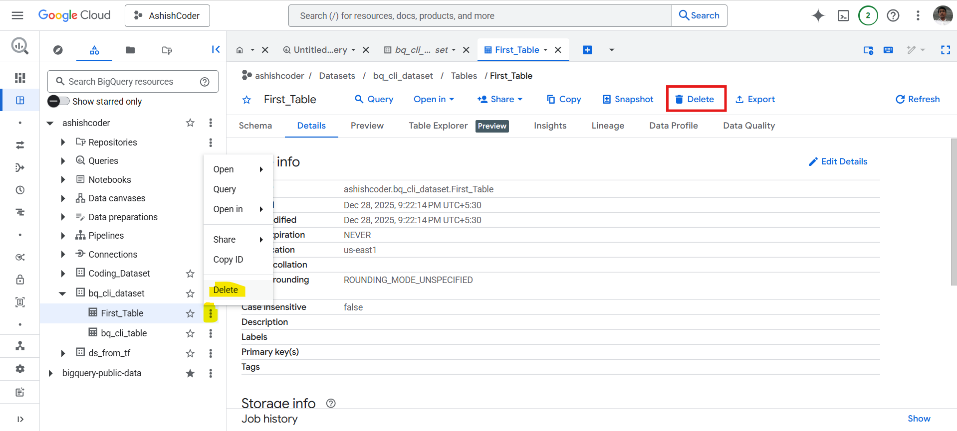 Delete a table in BigQuery