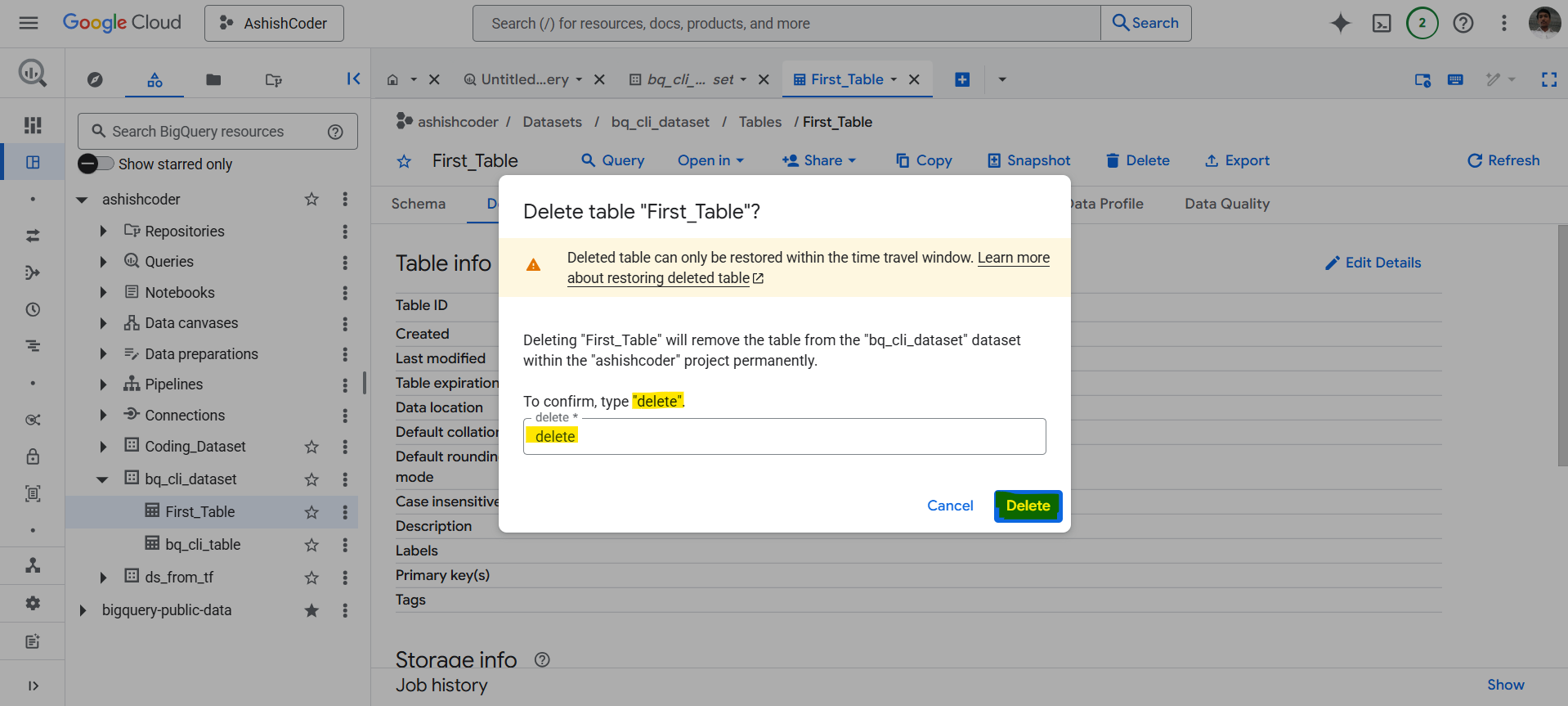 Delete a table in BigQuery