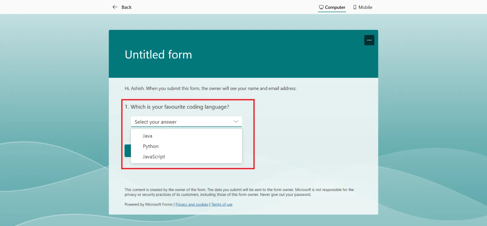 Create a new Microsoft Form