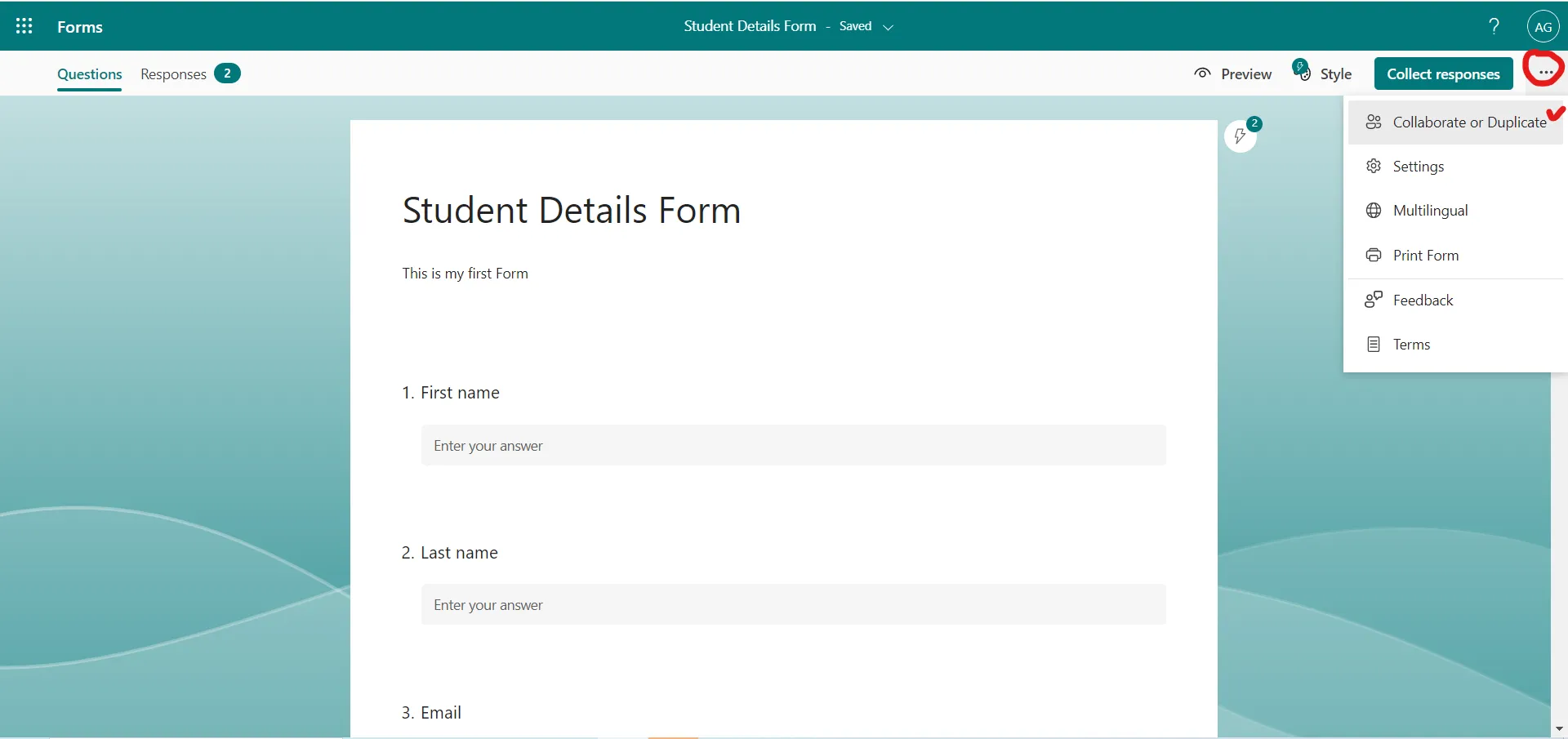 Collaborate or Duplicate in Microsoft Forms