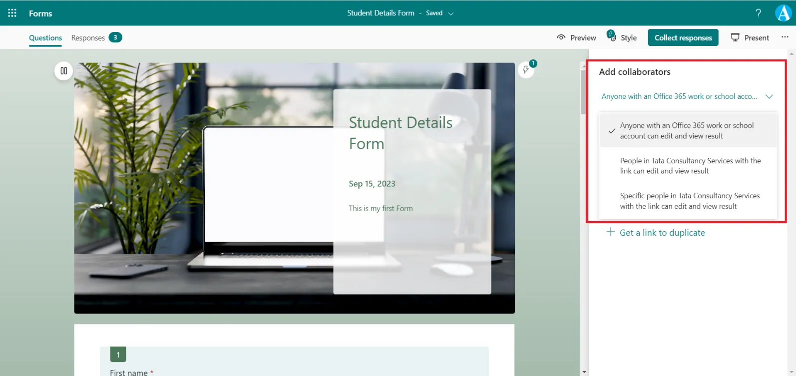 Collaborate or Duplicate in Microsoft Forms