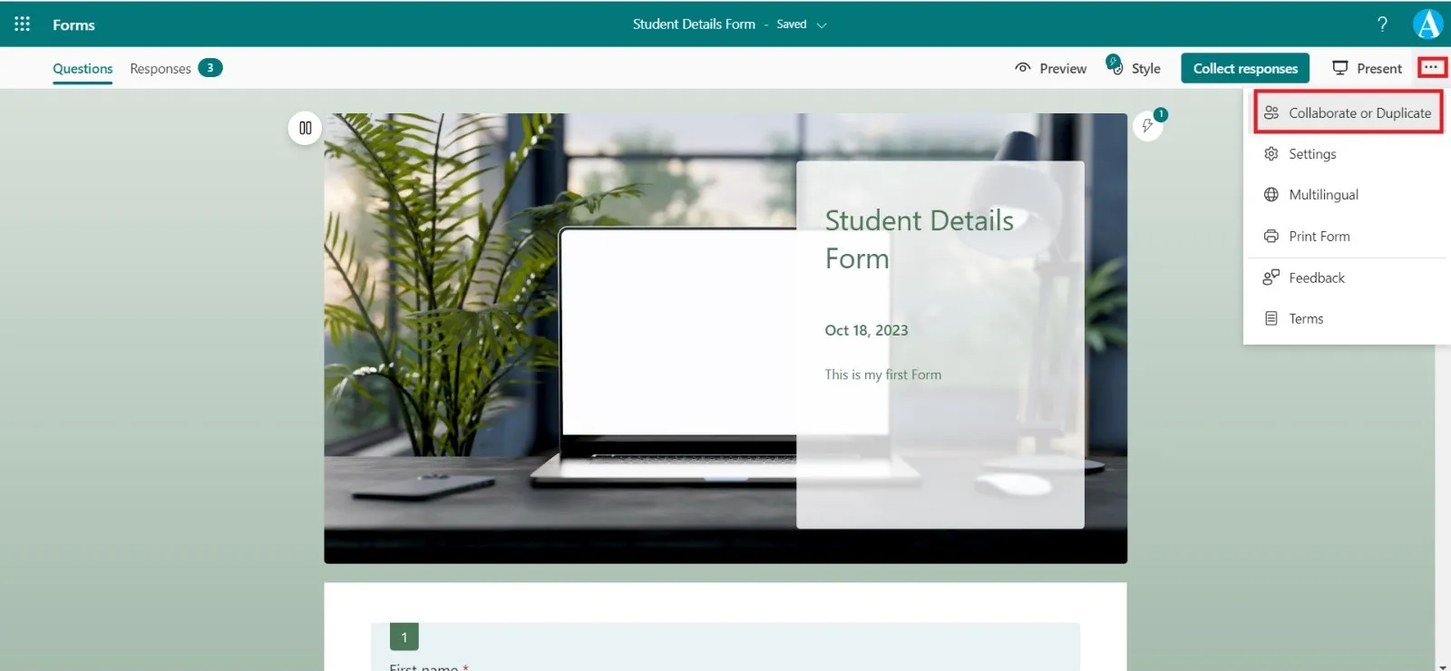 Collaborate or Duplicate in Microsoft Forms