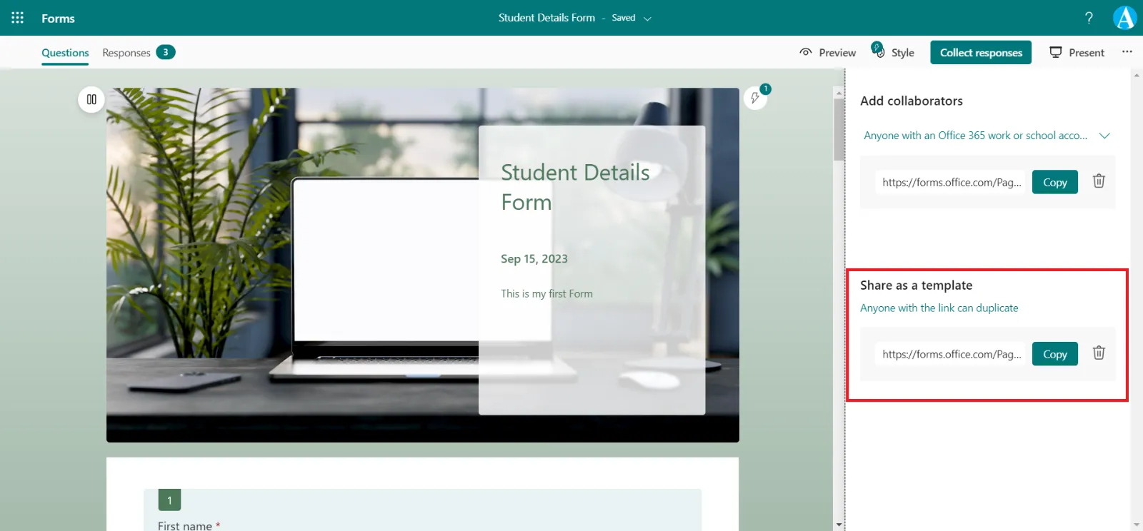 Collaborate or Duplicate in Microsoft Forms