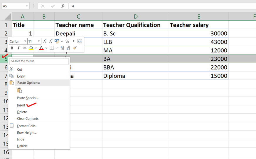 Add new rows and columns in excel