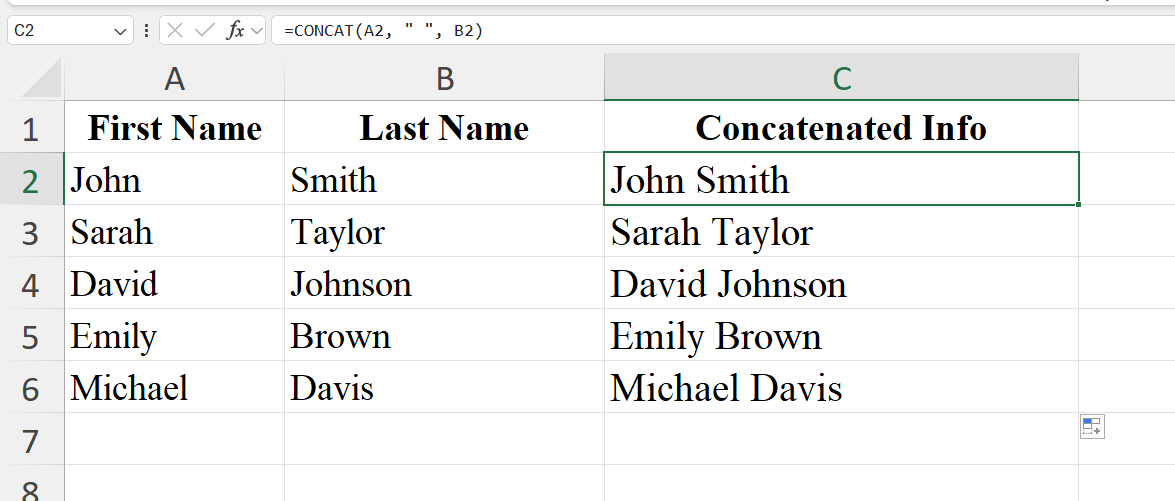 Concat function in Excel