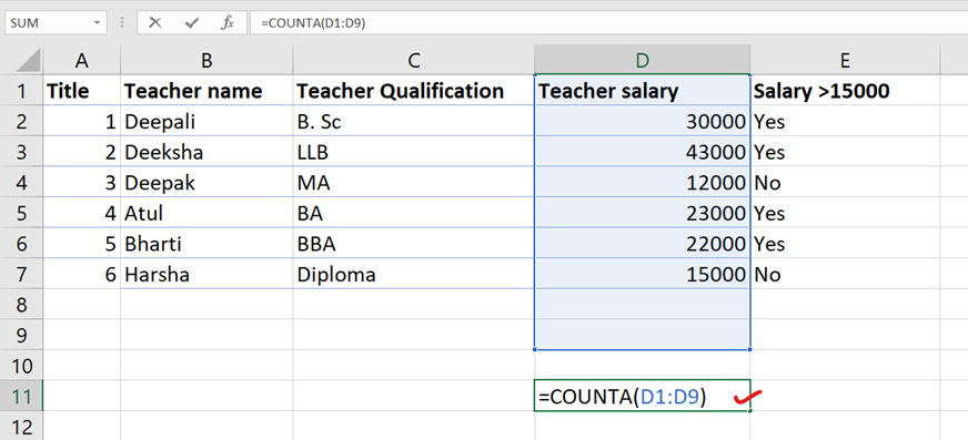 counta function in excel