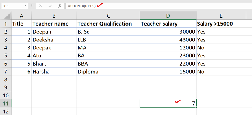 counta function in excel