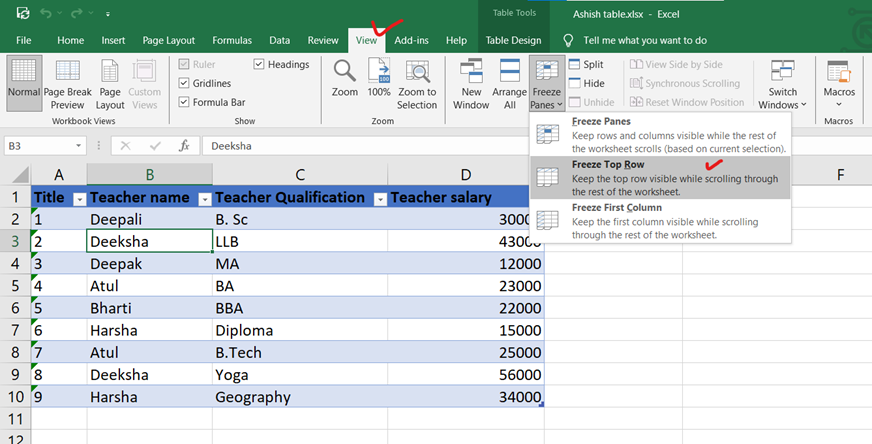 Freeze Rows and Columns in excel