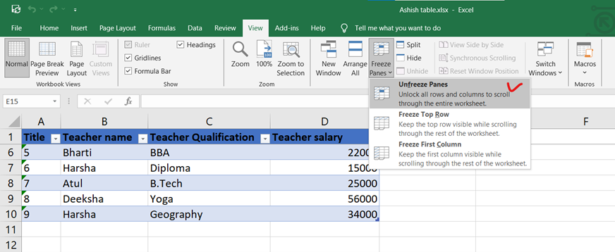 Freeze Rows and Columns in excel