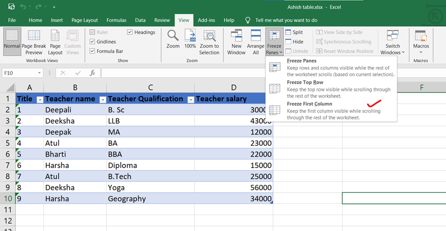 Freeze Rows and Columns in excel