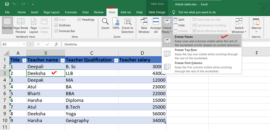 Freeze Rows and Columns in excel