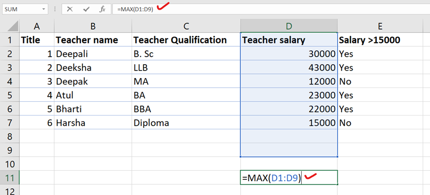 Min and Max function in Excel