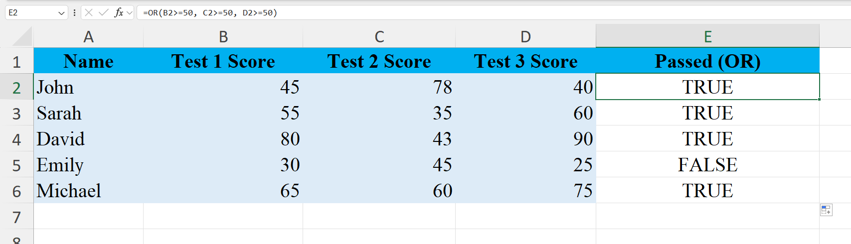 OR function in excel