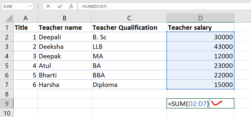 Sum function in excel