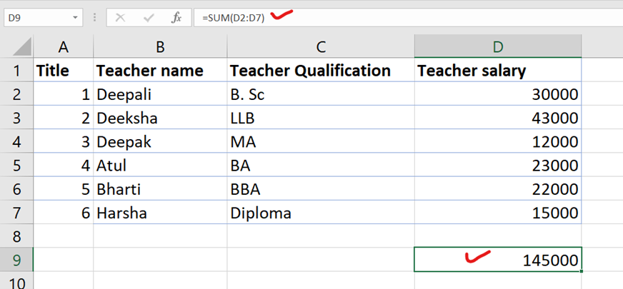 Sum function in excel