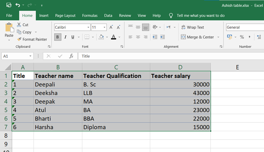 tables in excel