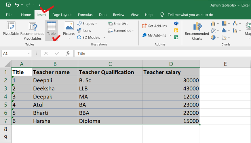 tables in excel