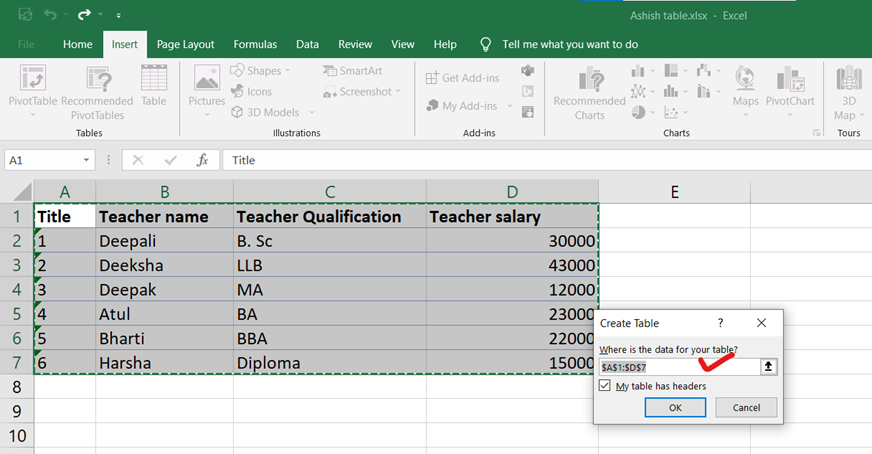 tables in excel