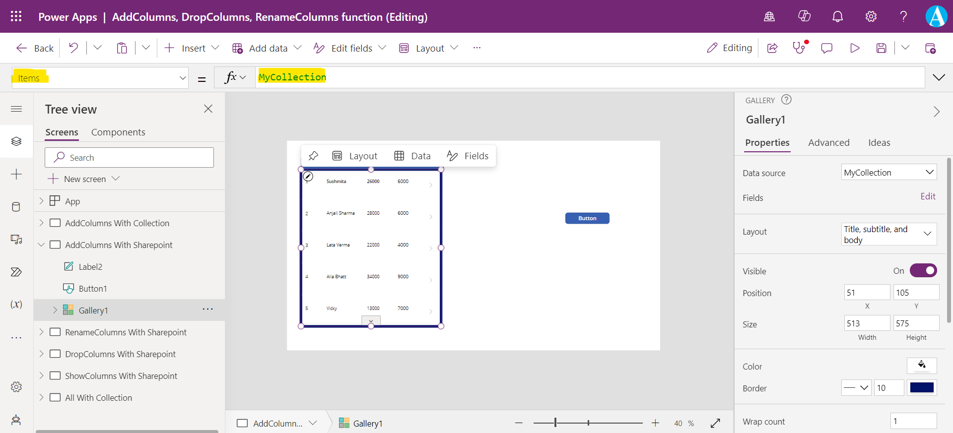 AddColumns Function in Power Apps