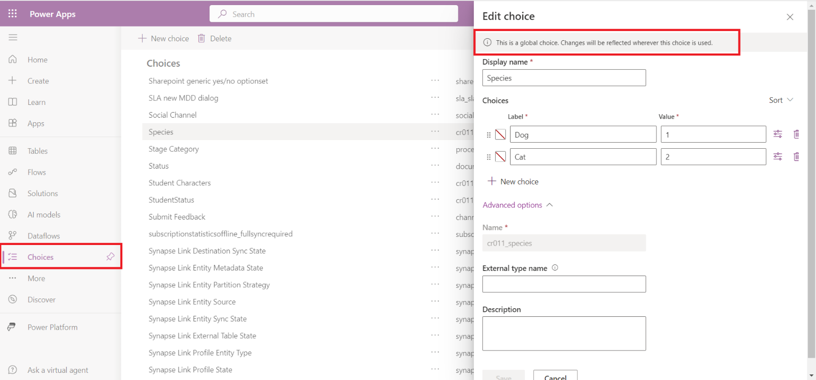 Choices in Dataverse