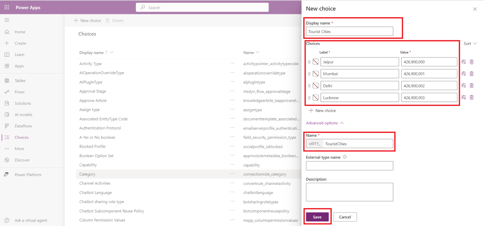 Choices in Dataverse