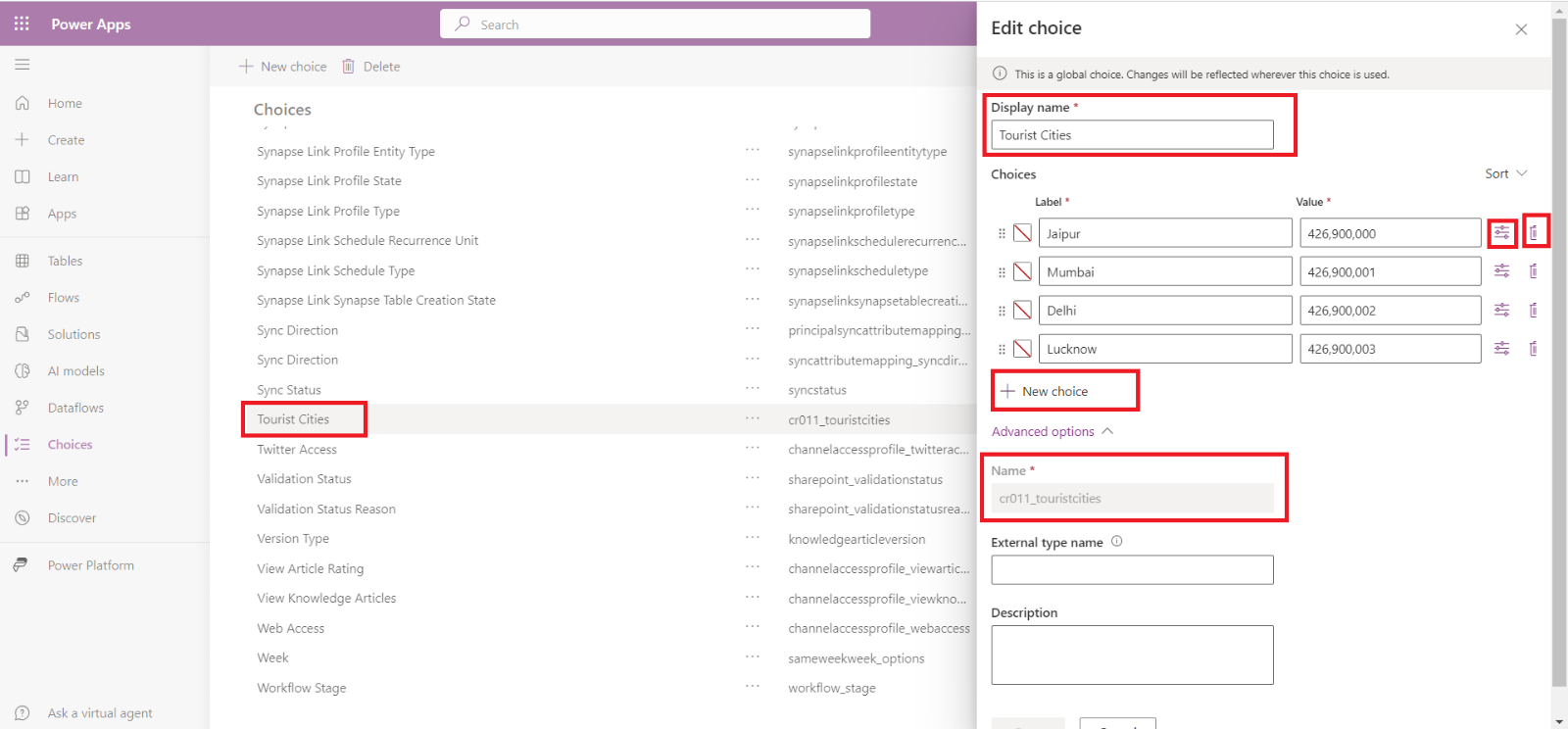 Choices in Dataverse