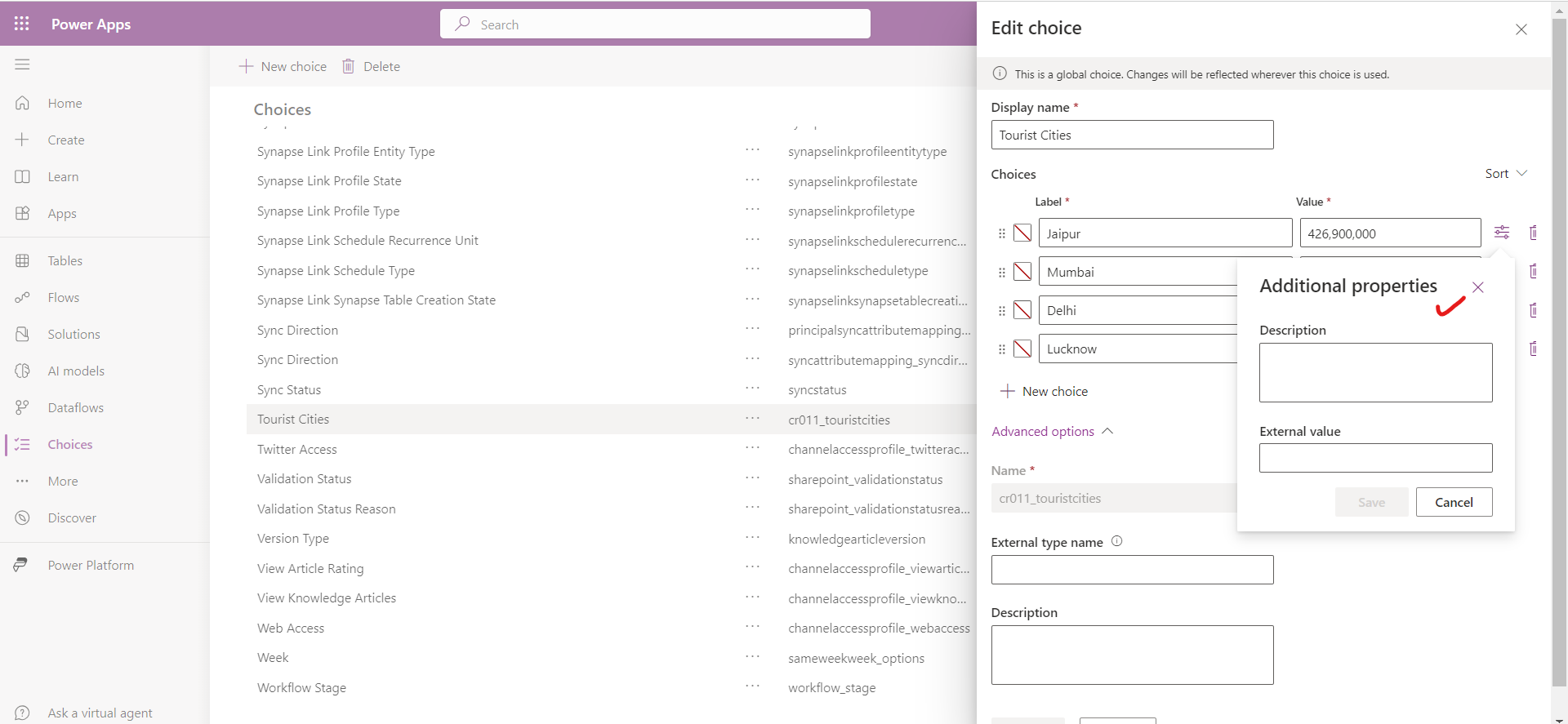 Choices in Dataverse