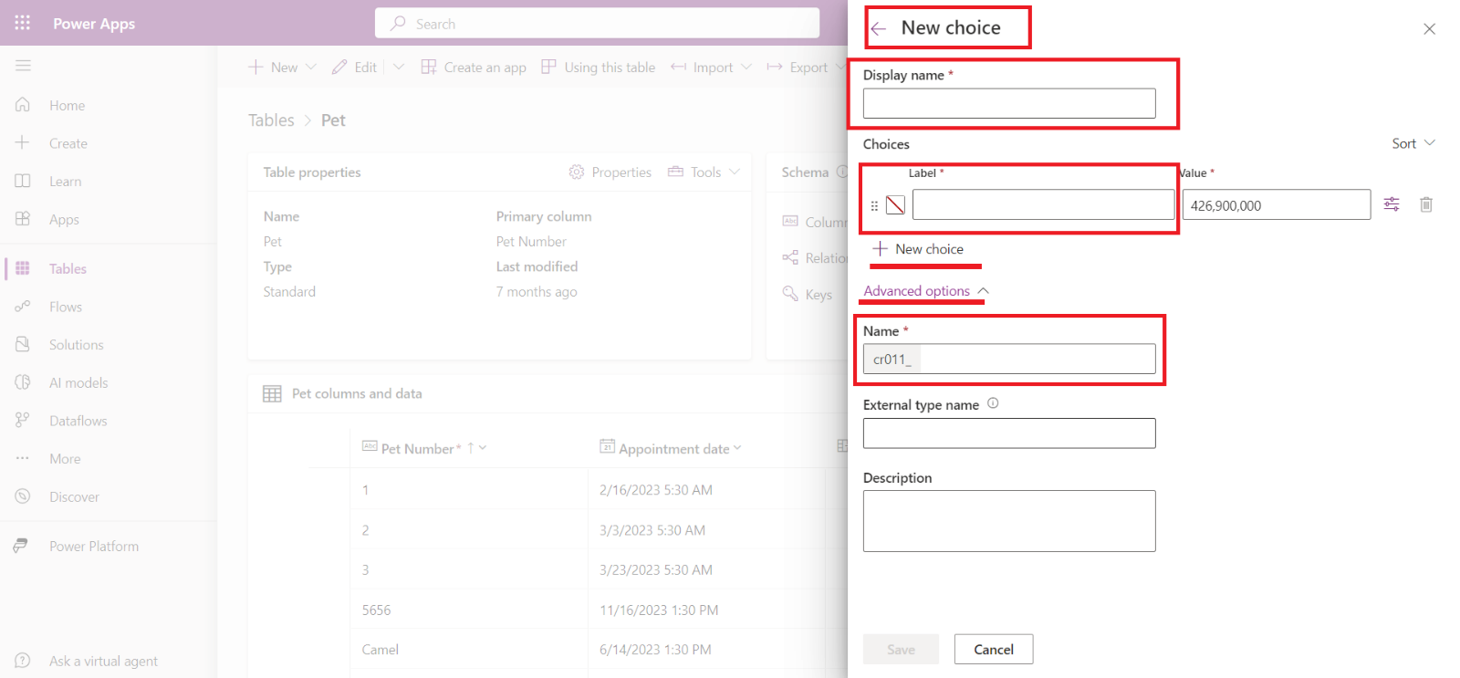 Choices in Dataverse