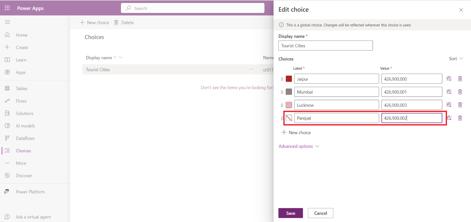 Choices in Dataverse