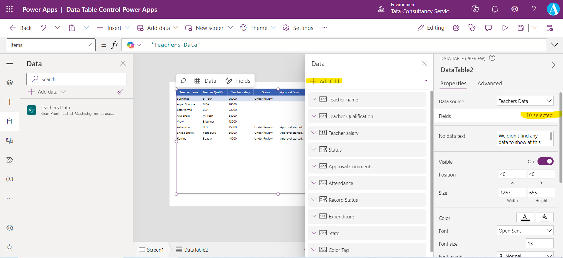 Data Table control in Power Apps