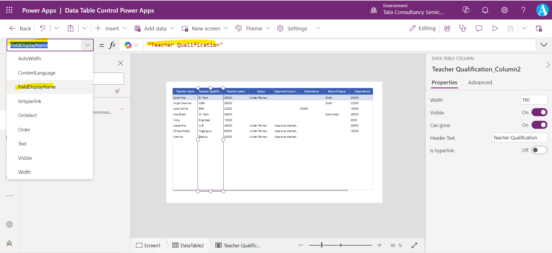 Data Table control in Power Apps