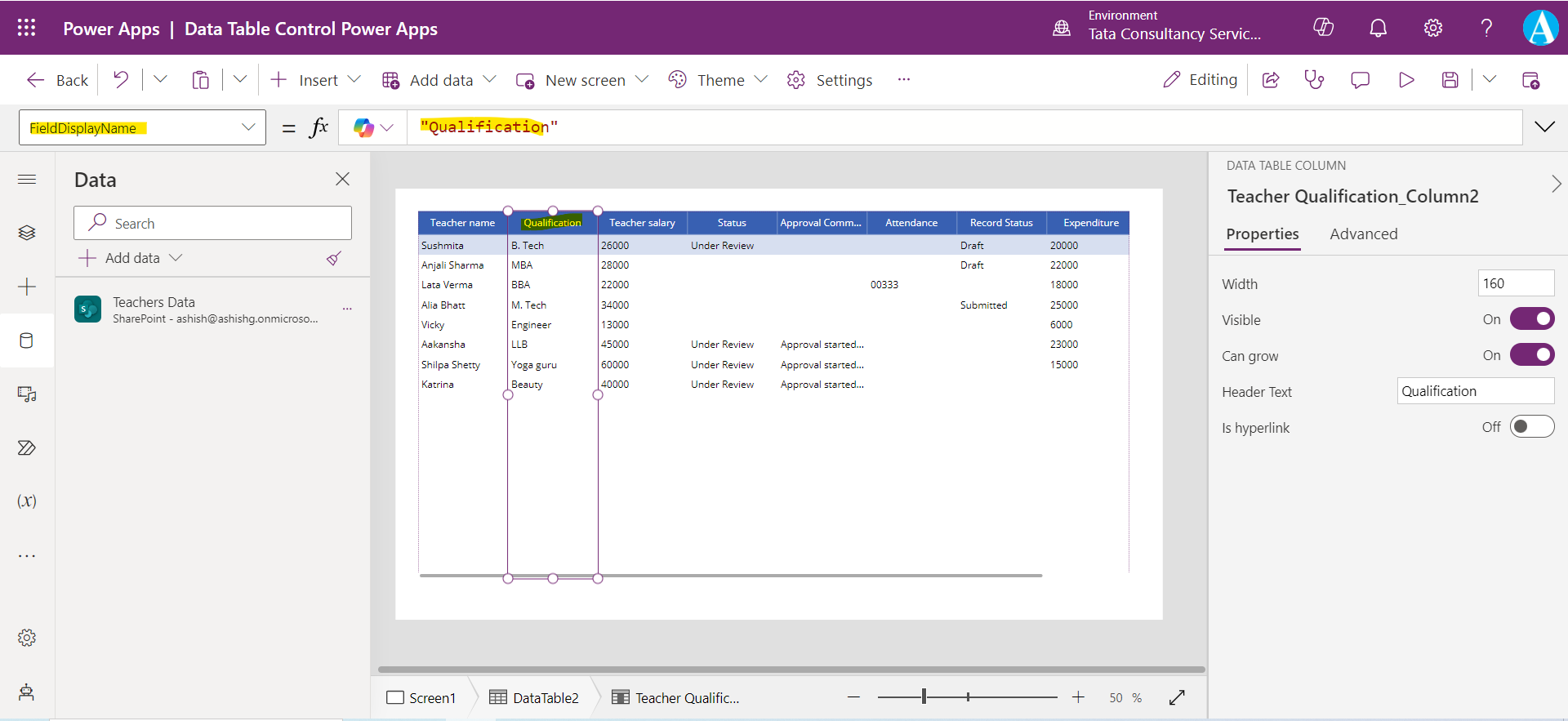 Data Table control in Power Apps