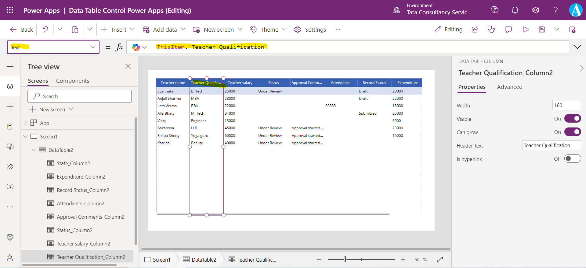 Data Table control in Power Apps