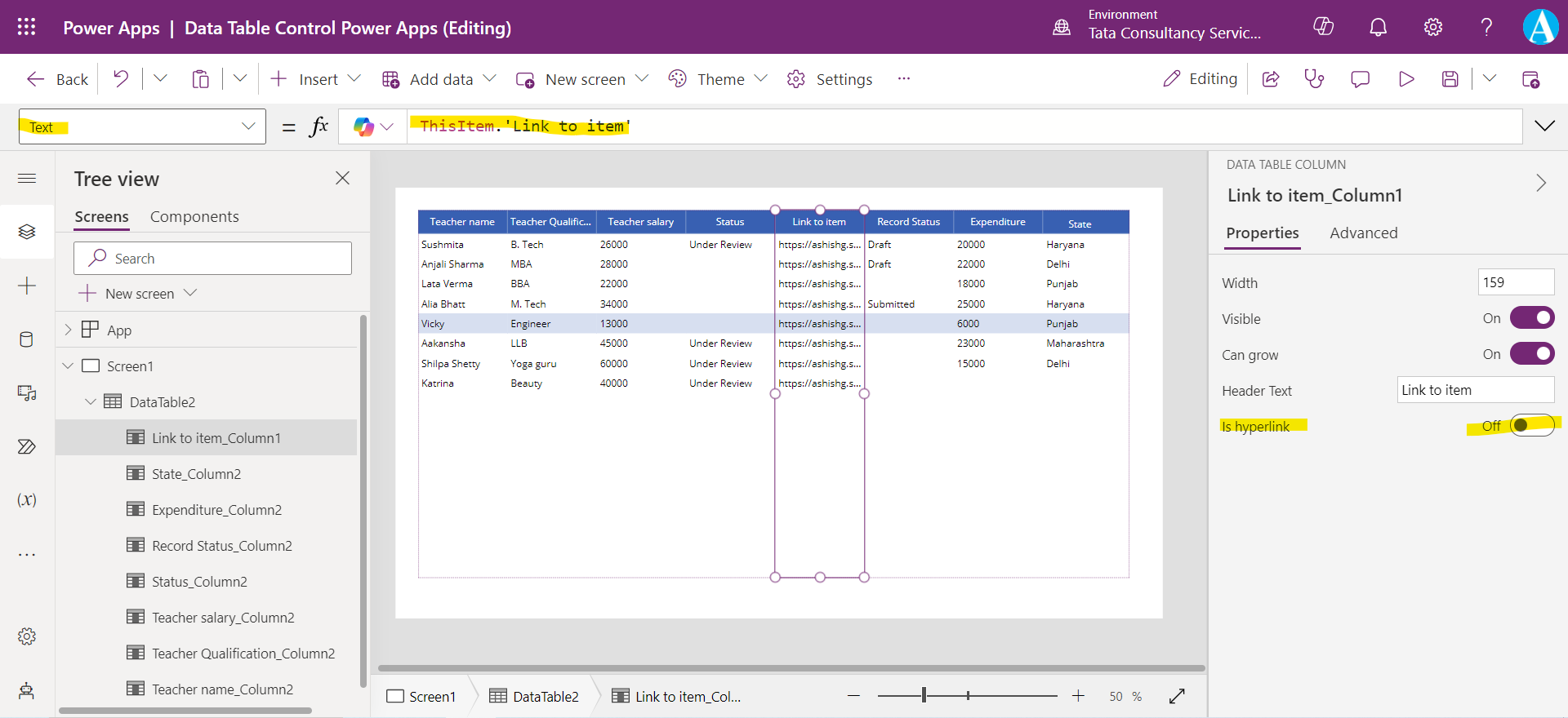 Data Table control in Power Apps