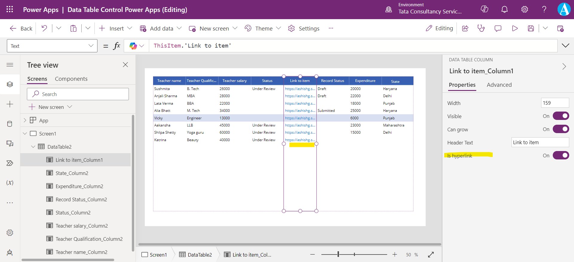 Data Table control in Power Apps