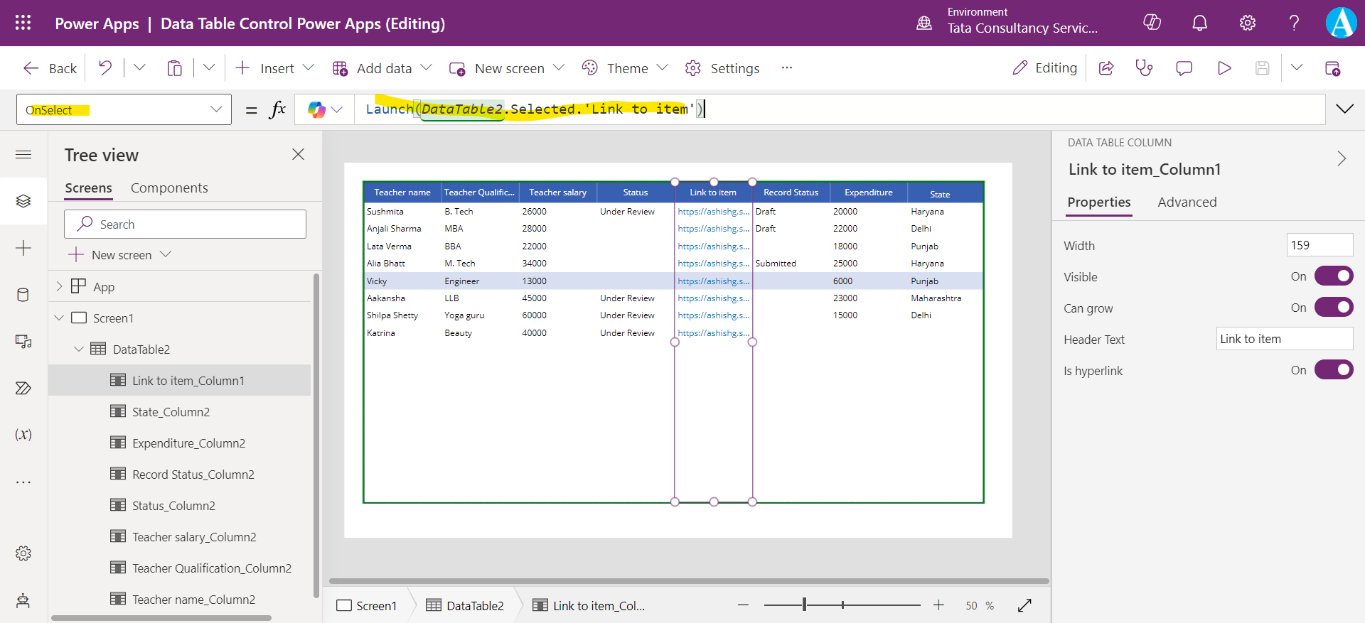 Data Table control in Power Apps