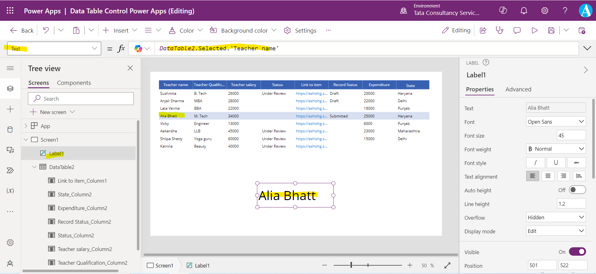 Data Table control in Power Apps