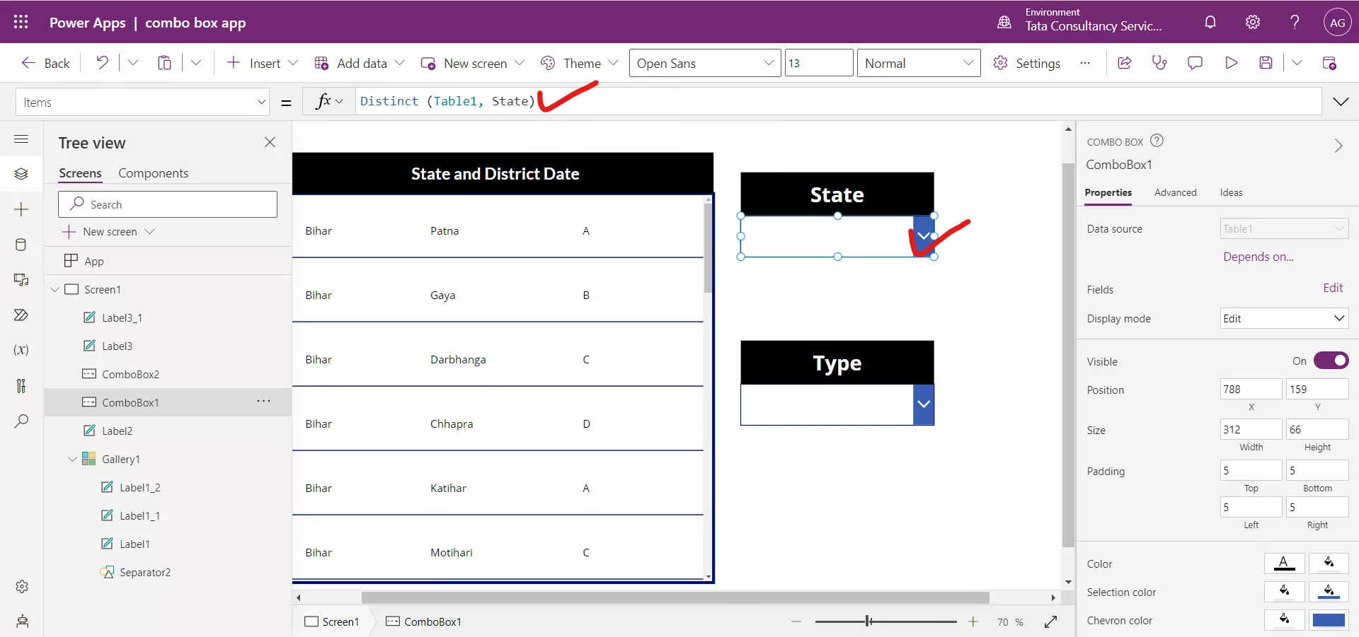 Filtering with Combo box in Power Apps