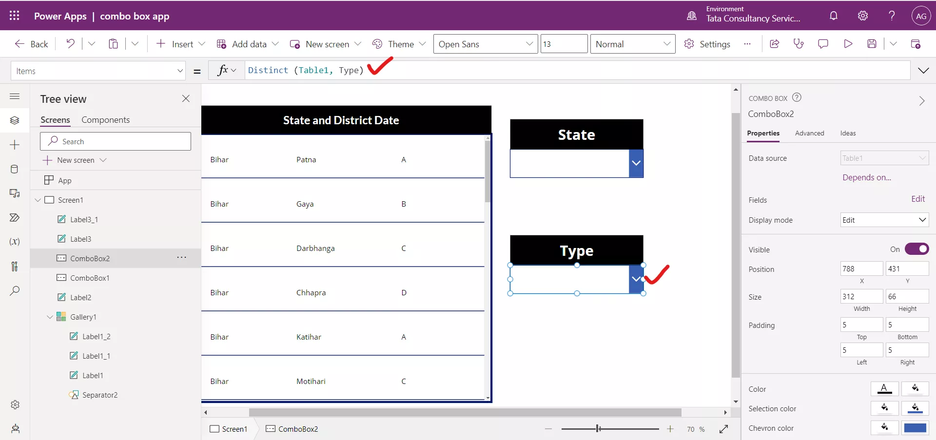 Filtering with Combo box in Power Apps