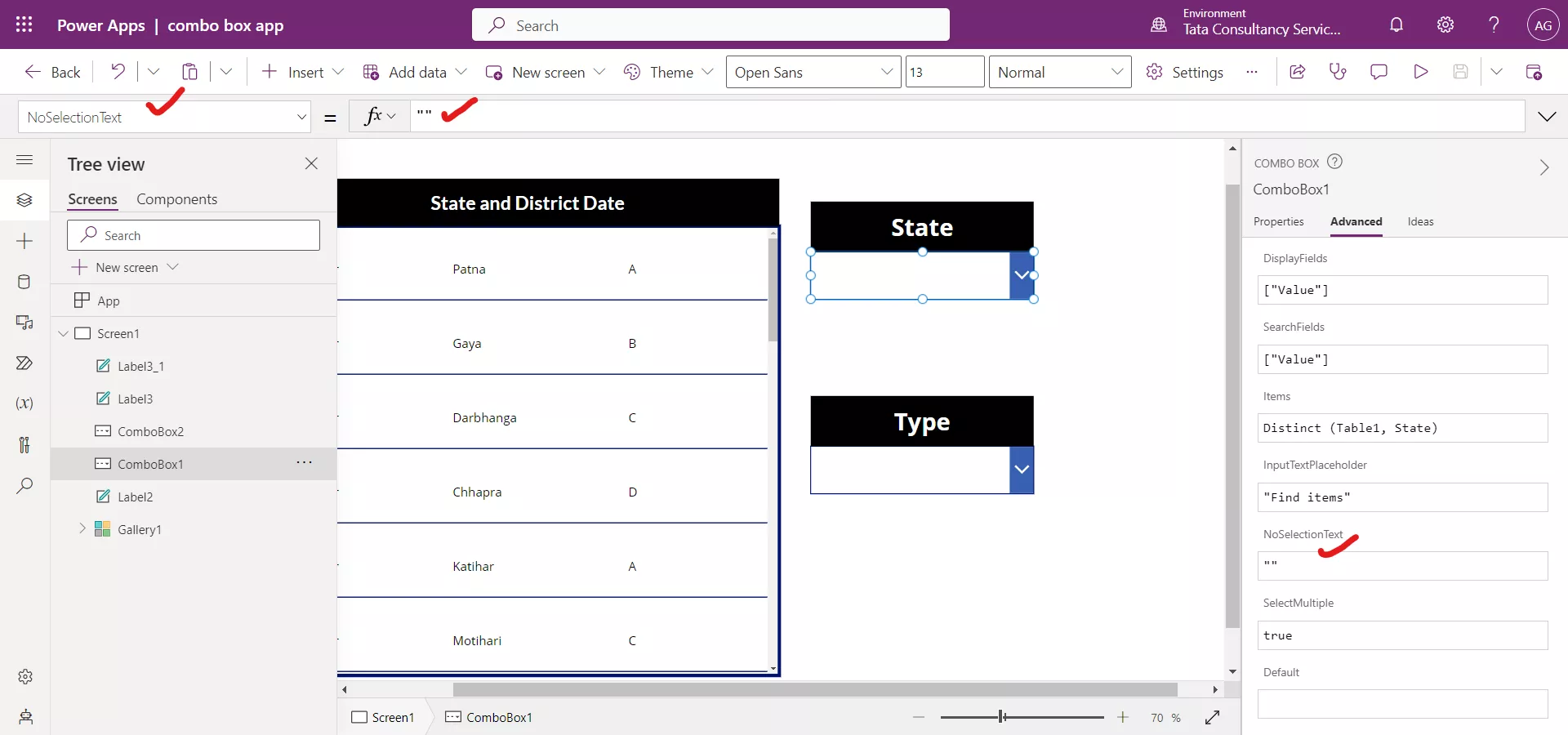 Filtering with Combo box in Power Apps