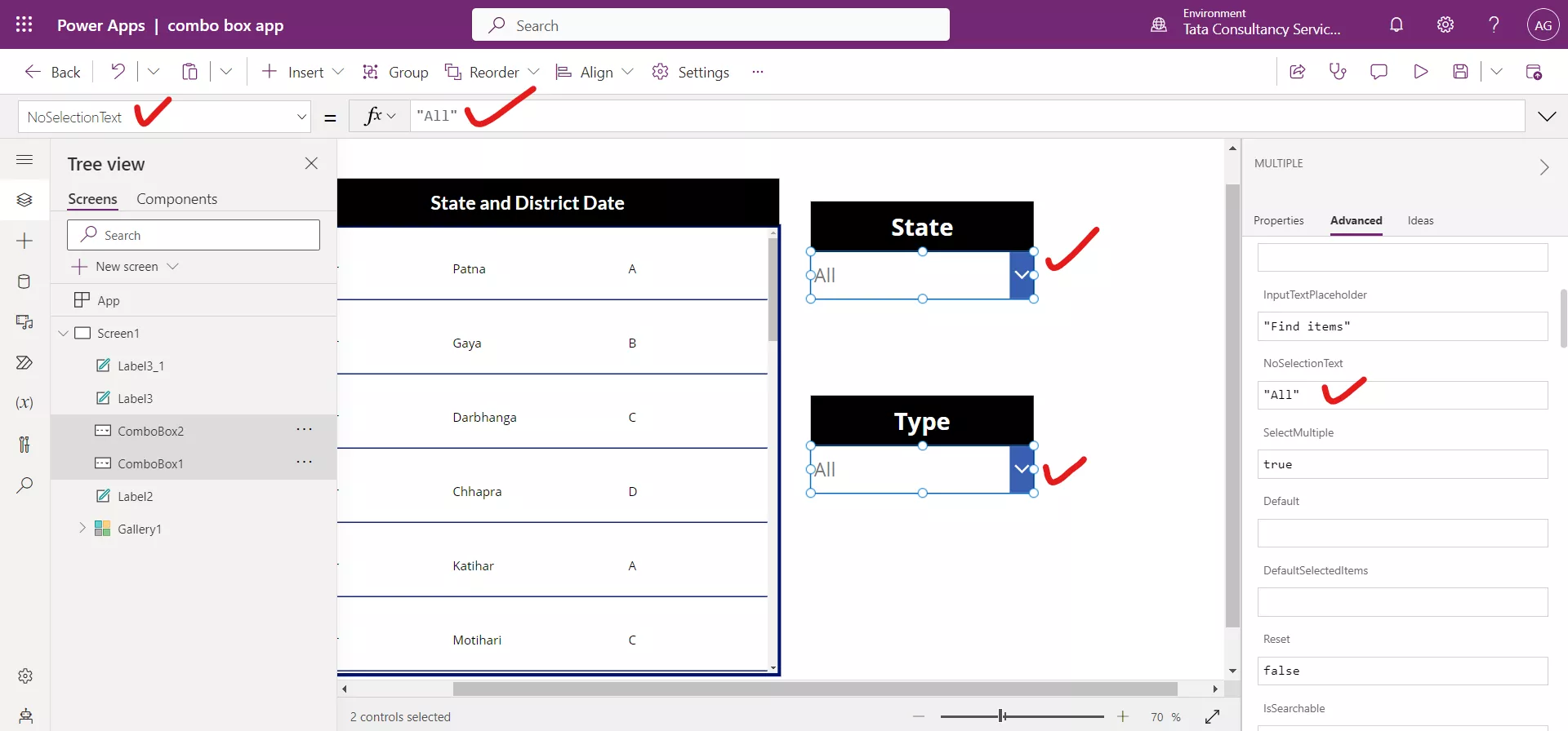 Filtering with Combo box in Power Apps